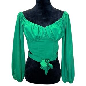 Green Women's Off Shoulder Top Hers & Mine Emerald Blouse Tie Detail Size Small
